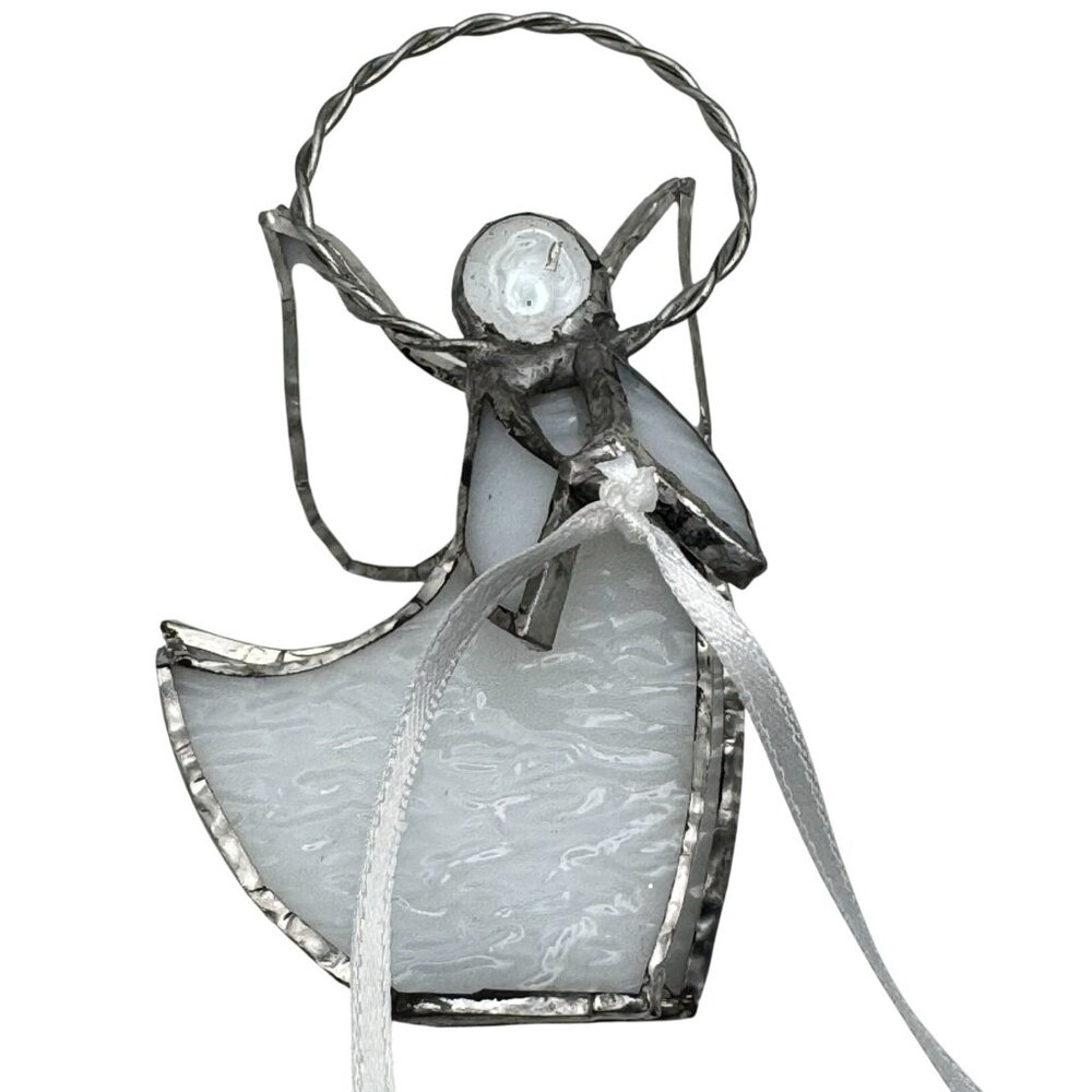 Stained Glass Angel Ornament Holiday Decor Twisted Metal Halo & Ribbon Accent